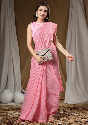 Pink Embellished Georgette Saree Set