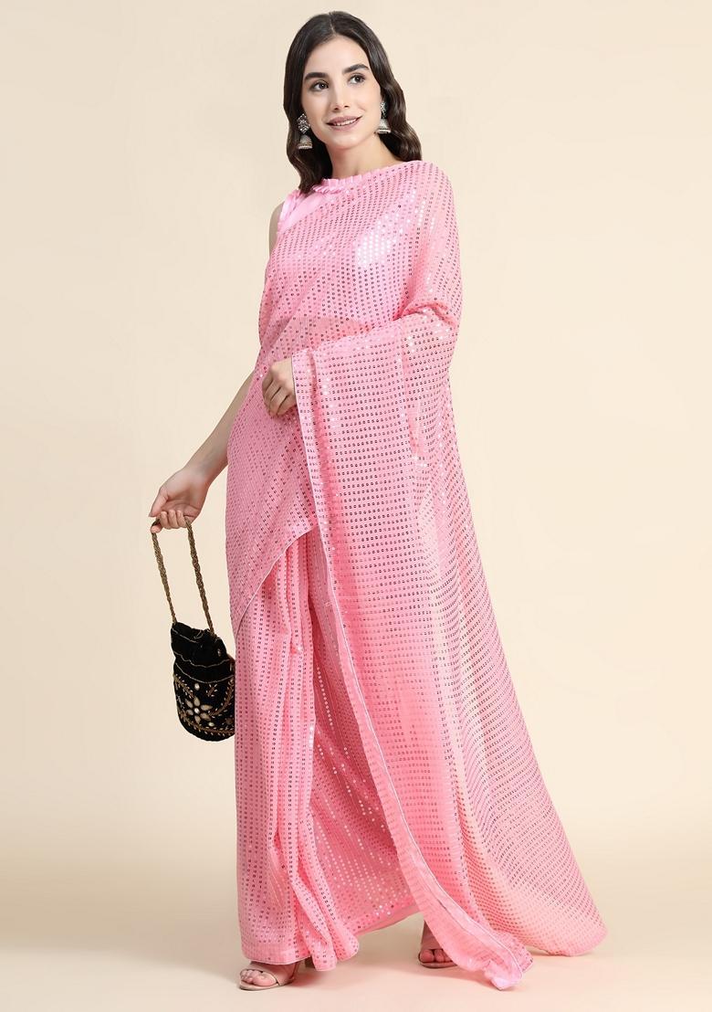 Pink Embellished Georgette Saree Set - Indya