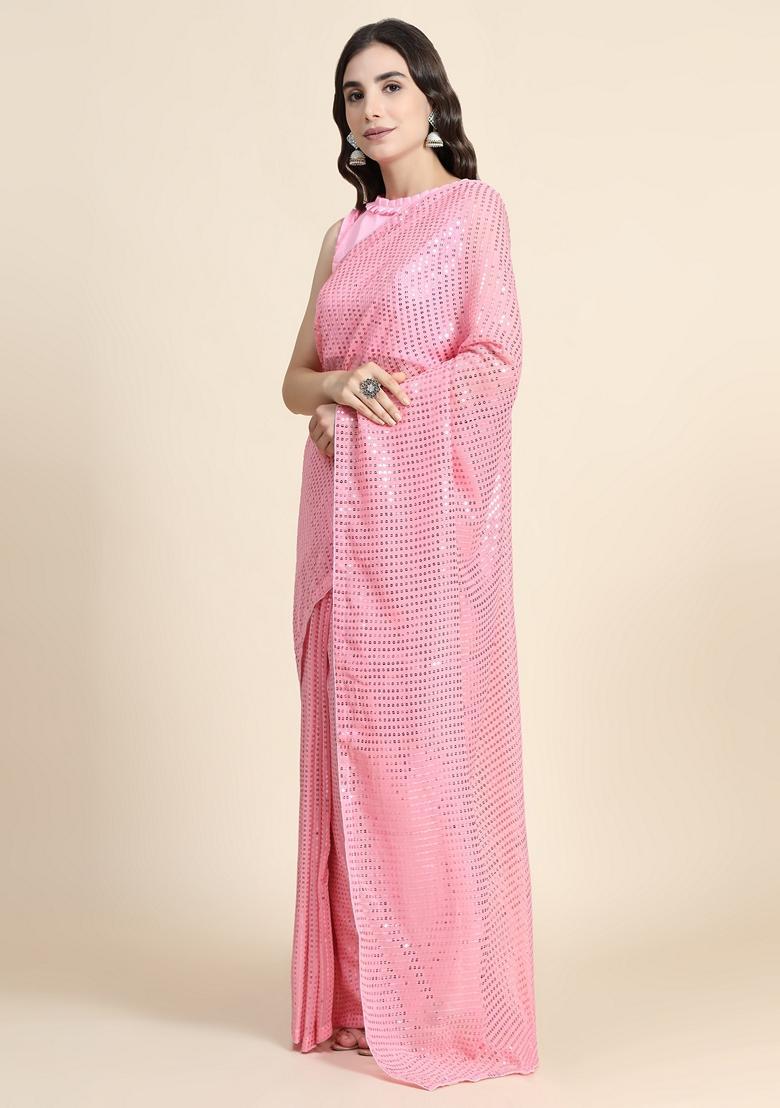 Pink Embellished Georgette Saree Set - Indya