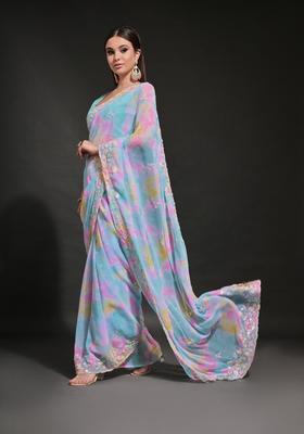 Blue Embellished Georgette Saree Set
