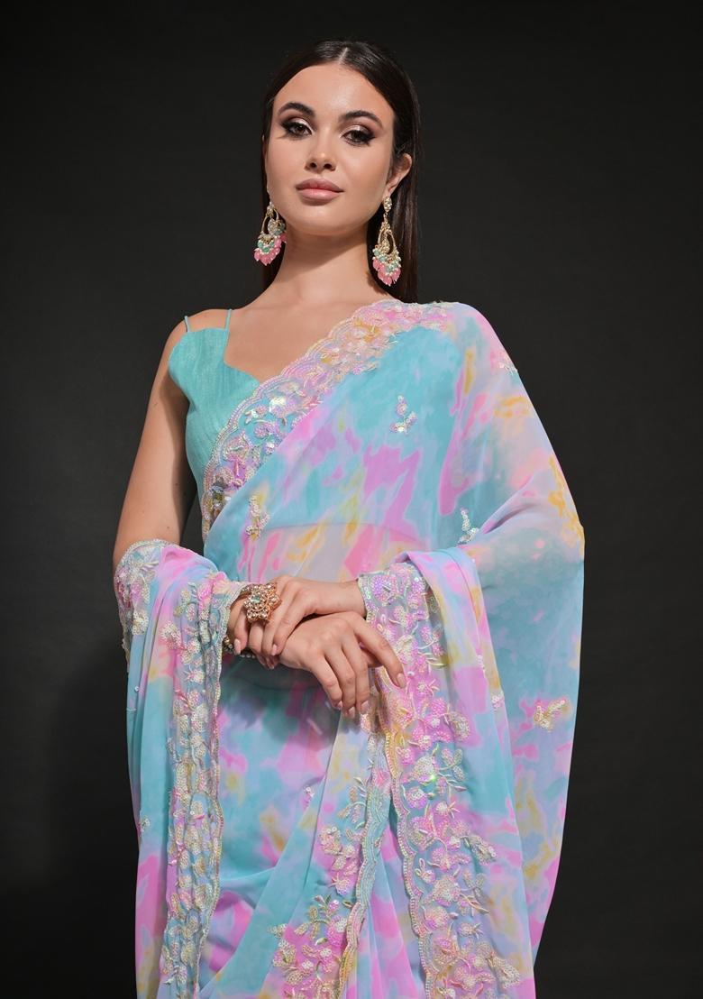 Blue Embellished Georgette Saree Set - Indya