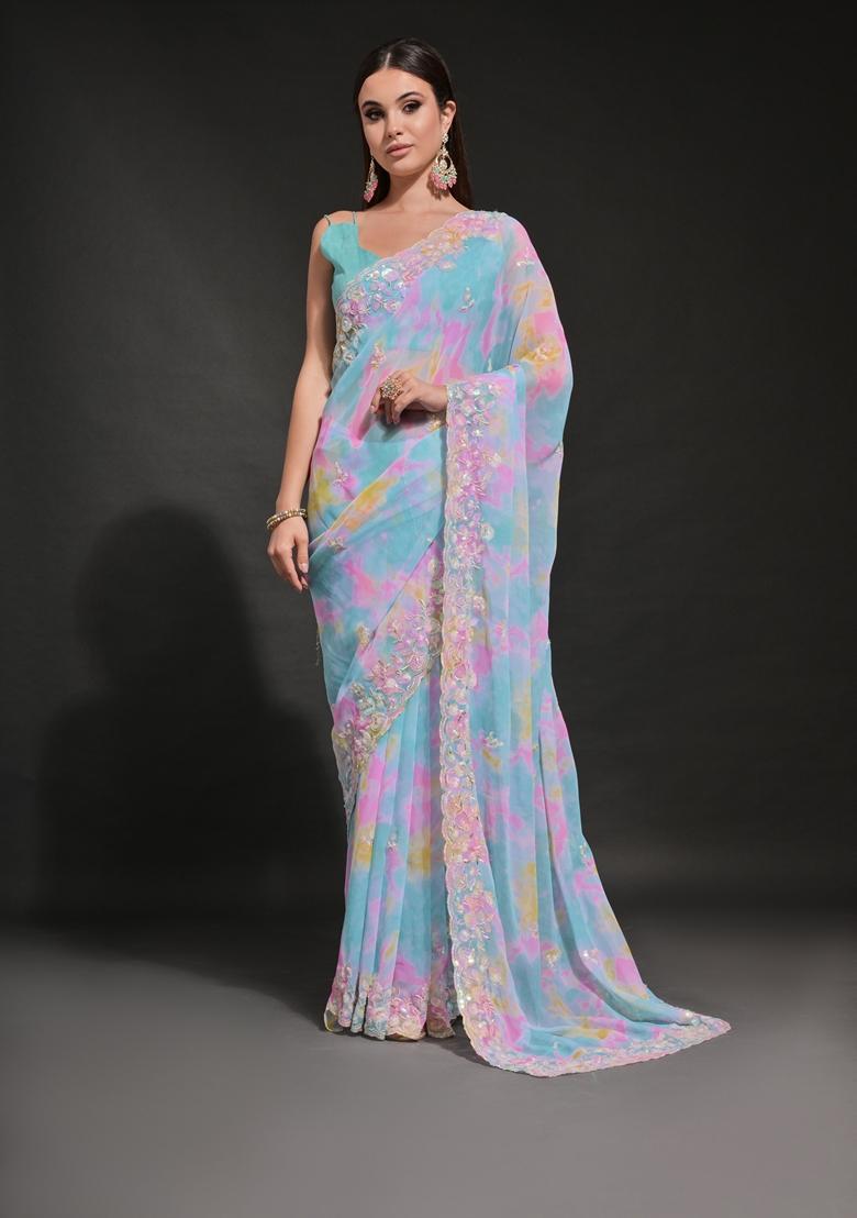 Blue Embellished Georgette Saree Set - Indya