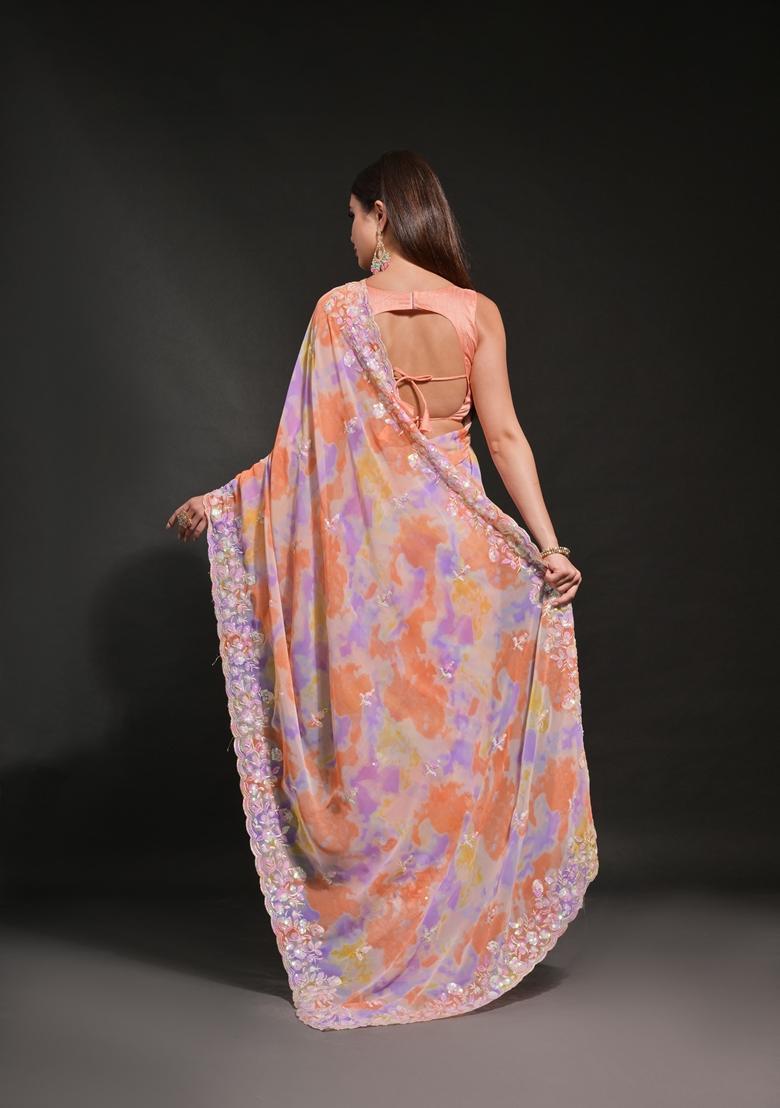 Orange Embellished Georgette Saree Set - Indya