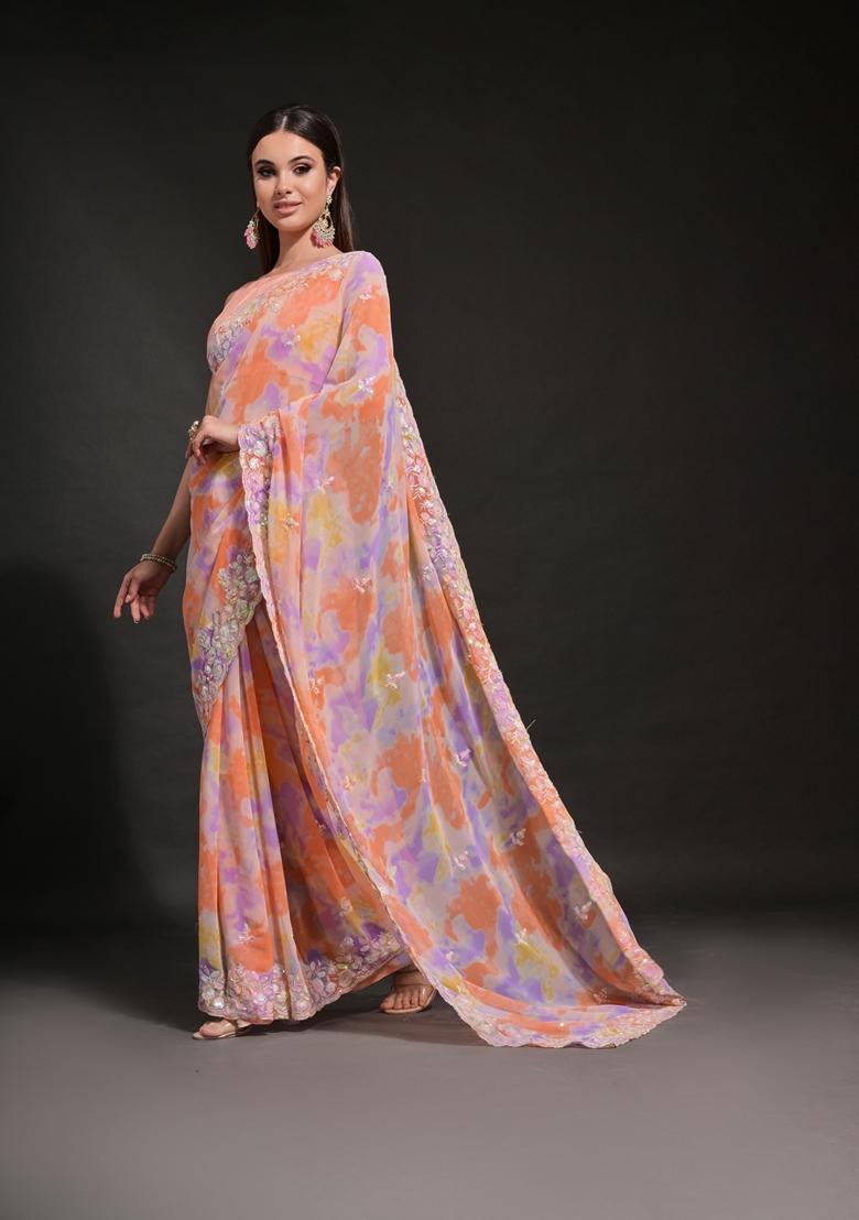 Orange Embellished Georgette Saree Set - Indya