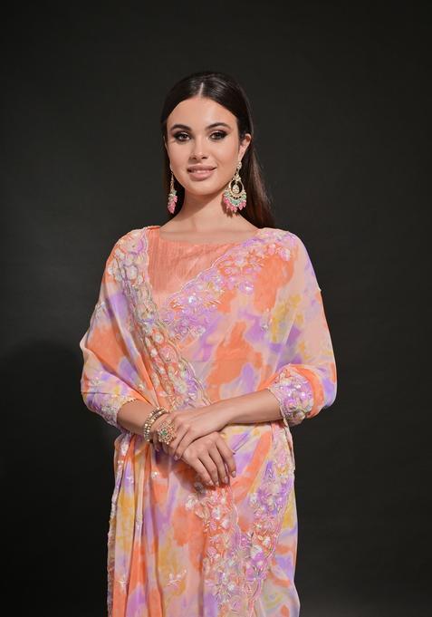 Orange Embellished Georgette Saree Set