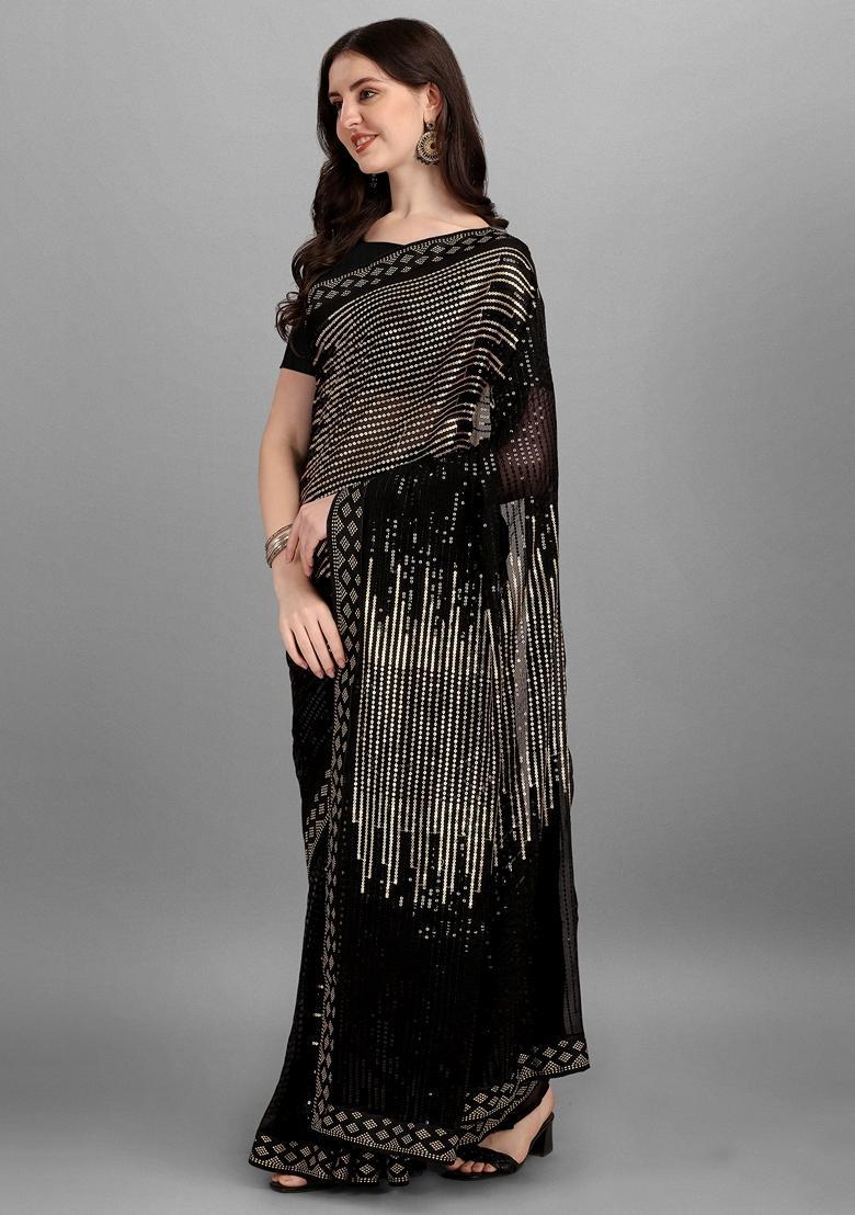 Gold Embellished Georgette Saree Set - Indya