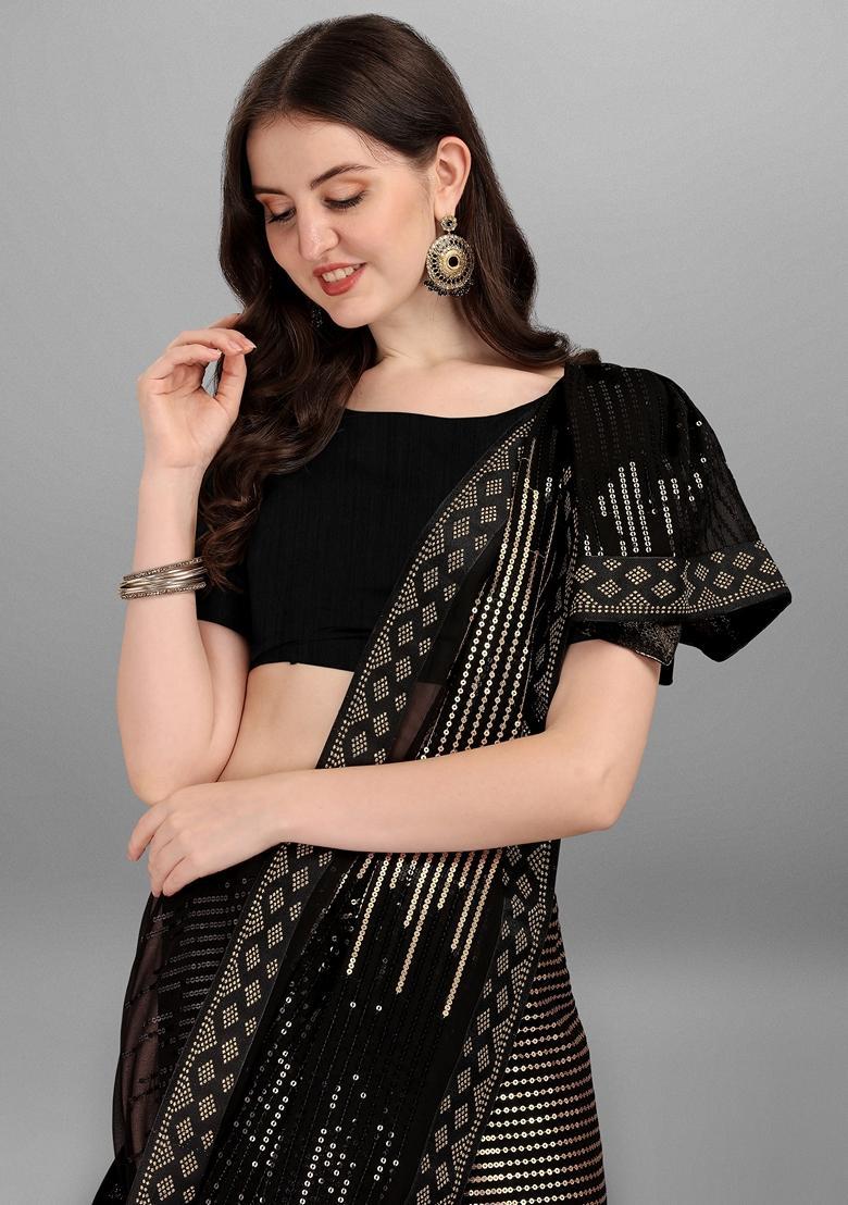 Gold Embellished Georgette Saree Set - Indya