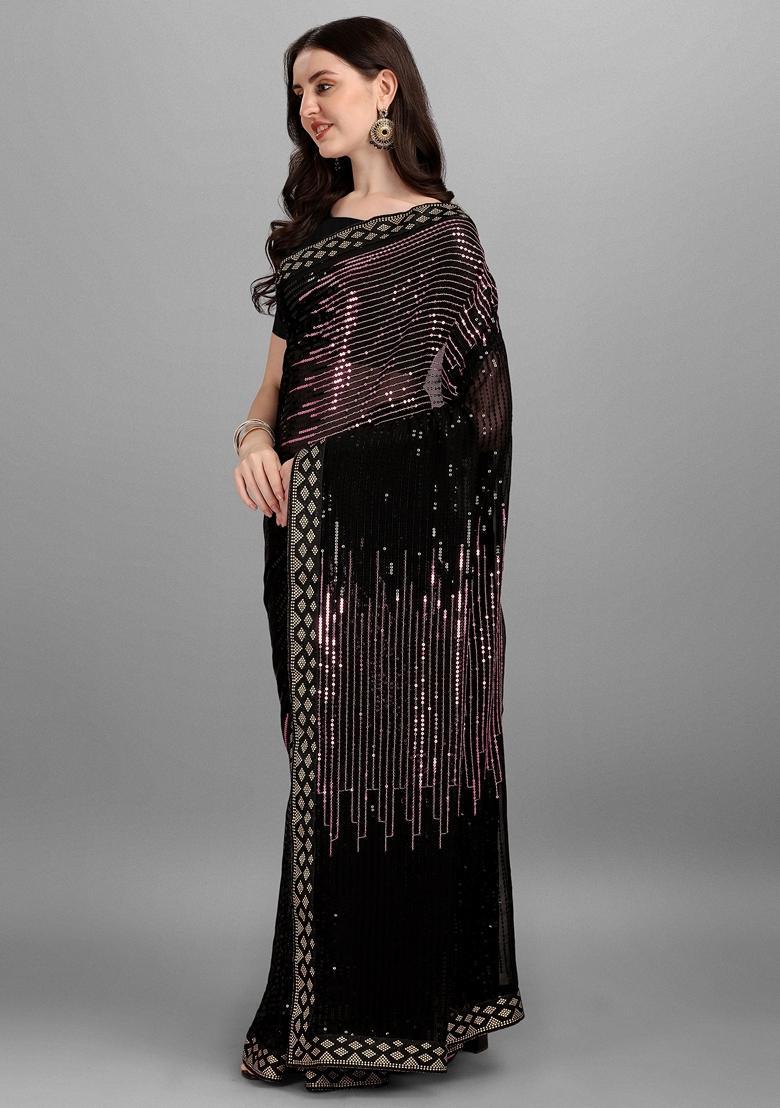 Mauve Embellished Georgette Saree Set - Indya
