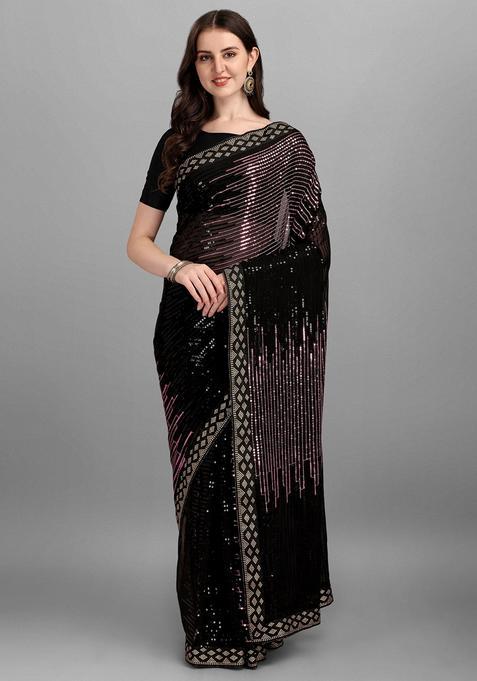 Mauve Embellished Georgette Saree Set