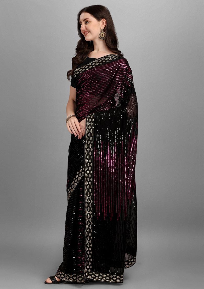 Pink Embellished Georgette Saree Set - Indya