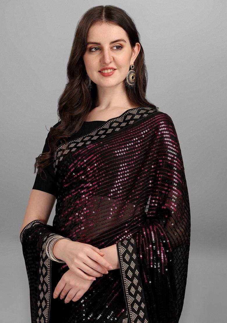 Pink Embellished Georgette Saree Set - Indya