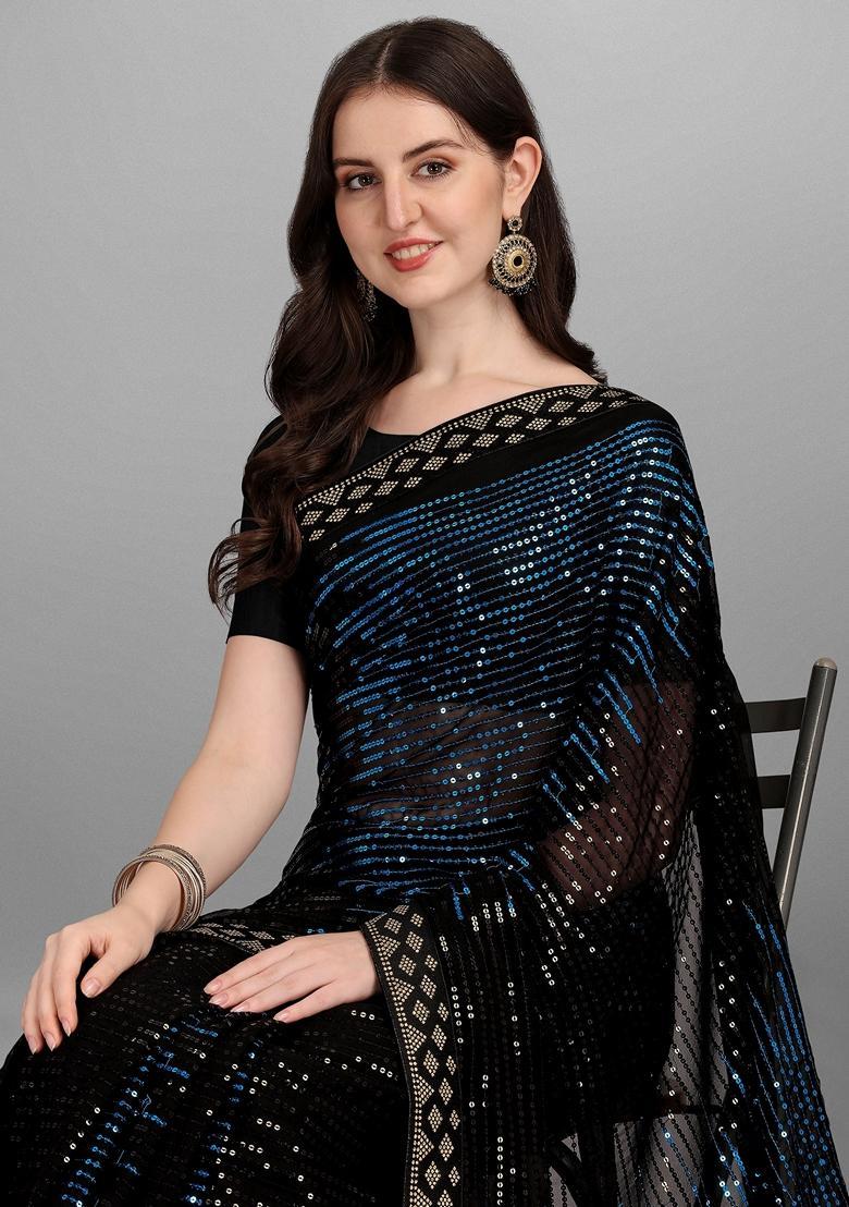 Teal Embellished Georgette Saree Set - Indya