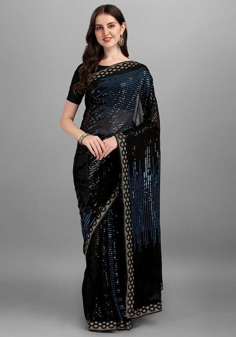 Teal Embellished Georgette Saree Set