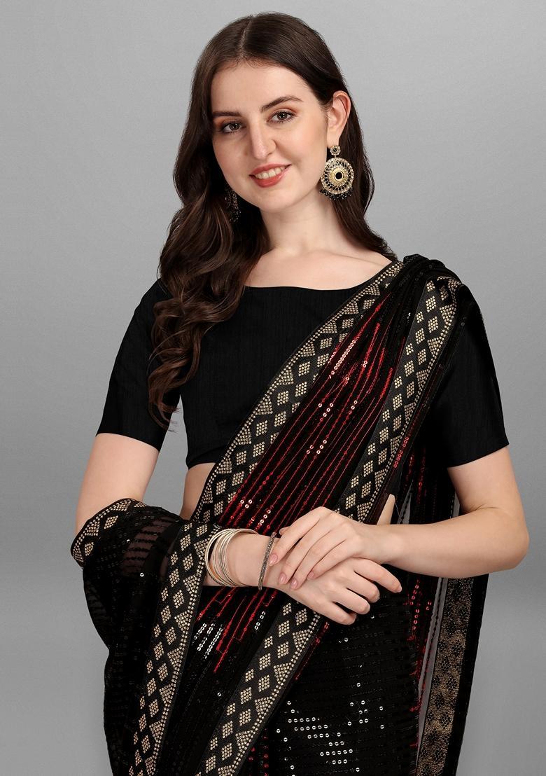 Red Embellished Georgette Saree Set - Indya