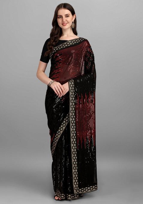 Red Embellished Georgette Saree Set