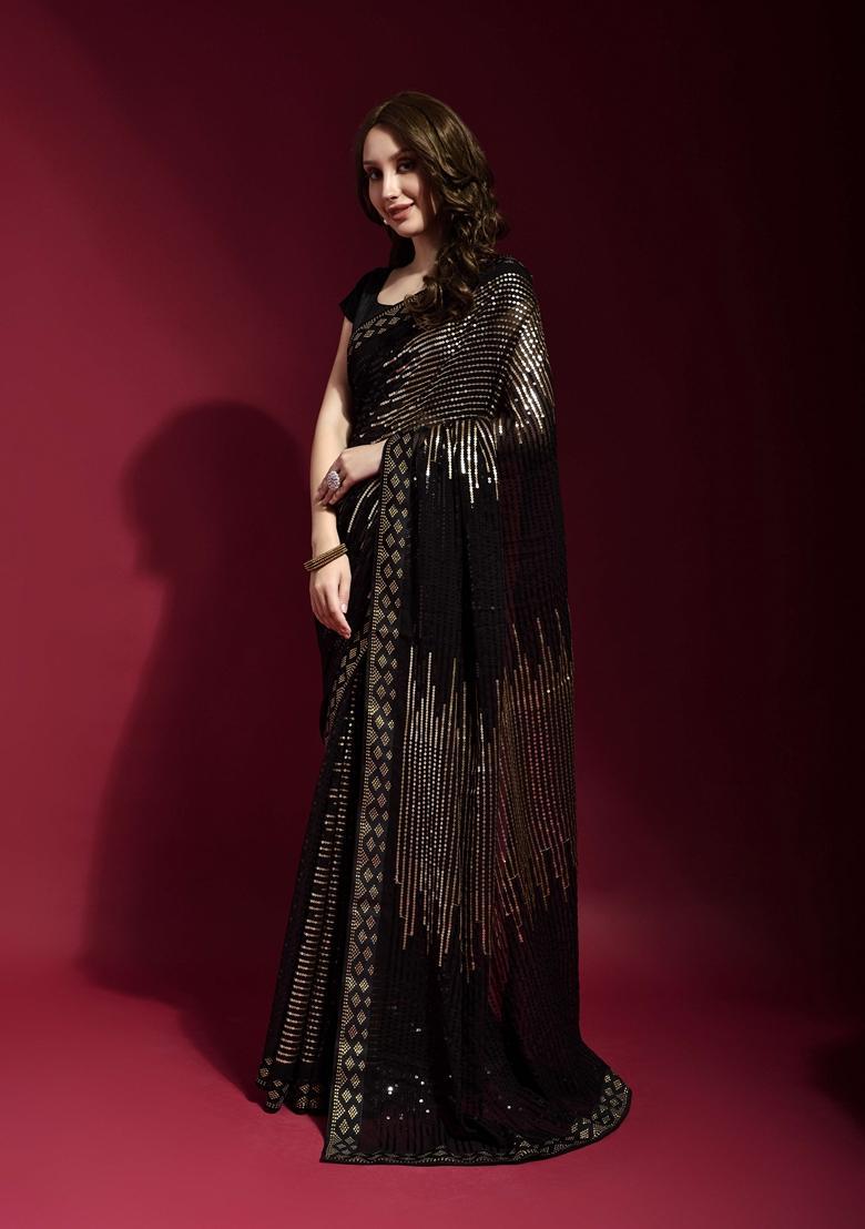 Gold Embellished Georgette Saree Set - Indya