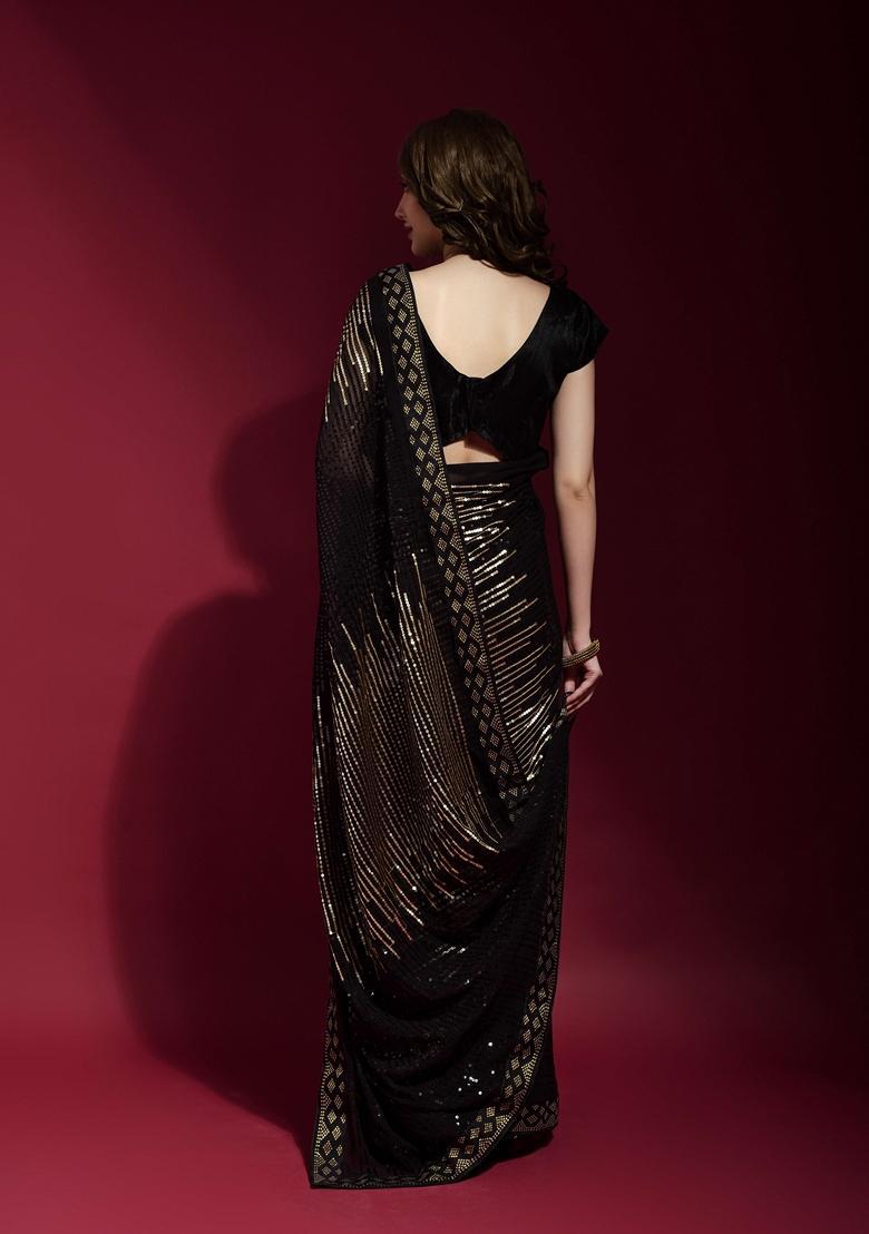 Gold Embellished Georgette Saree Set - Indya