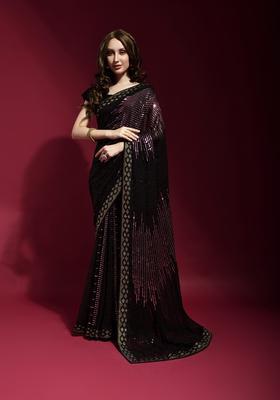 Mauve Embellished Georgette Saree Set