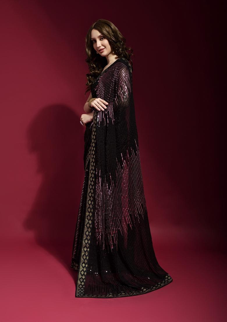 Mauve Embellished Georgette Saree Set - Indya