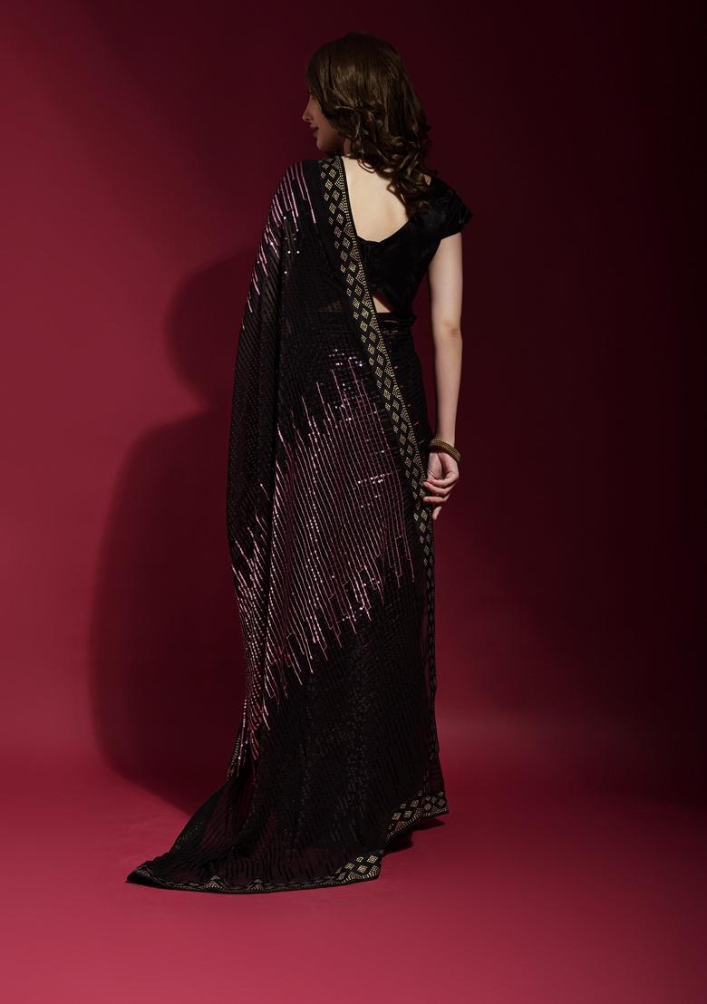 Mauve Embellished Georgette Saree Set - Indya