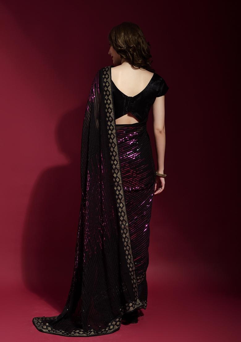 Pink Embellished Georgette Saree Set - Indya