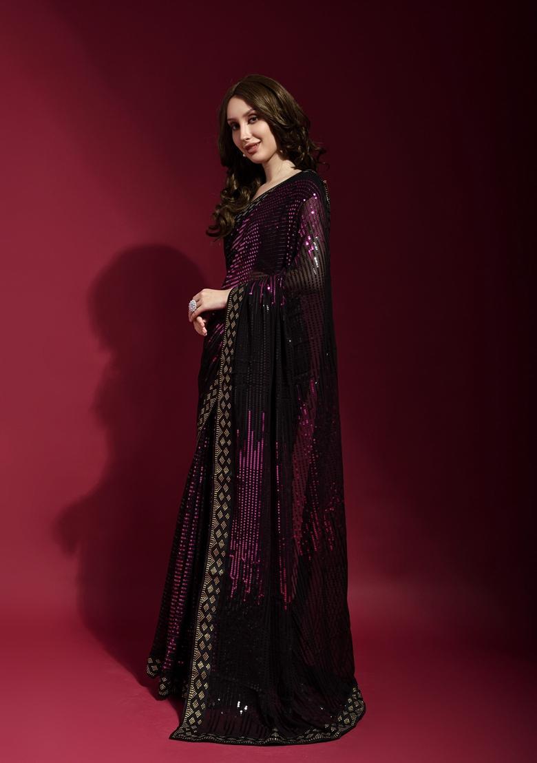 Pink Embellished Georgette Saree Set - Indya