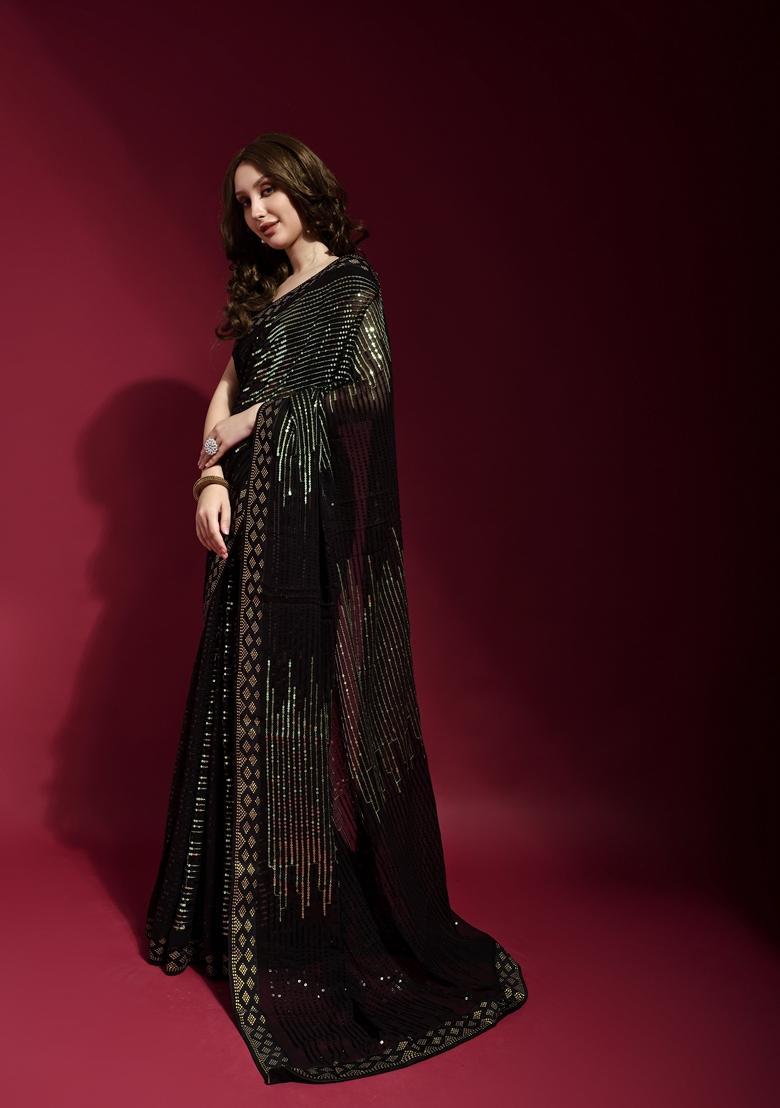 Green Embellished Georgette Saree Set - Indya