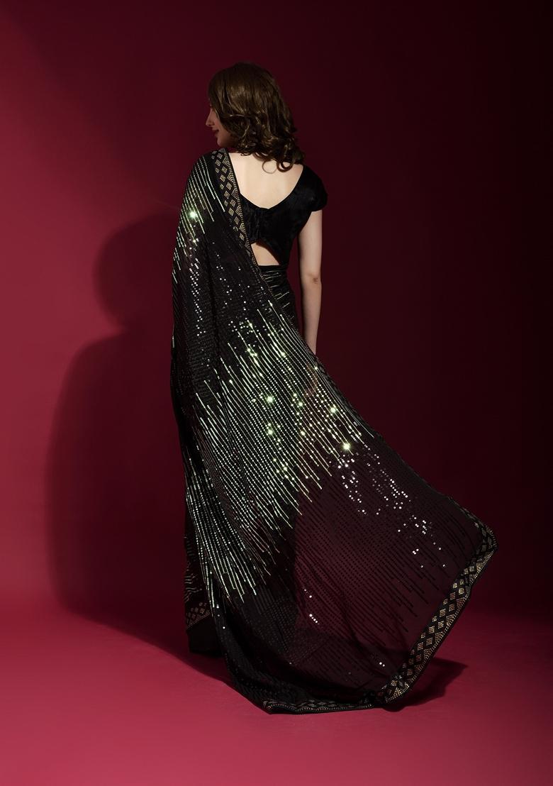 Green Embellished Georgette Saree Set - Indya