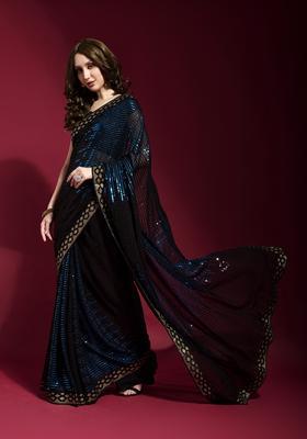 Teal Embellished Georgette Saree Set