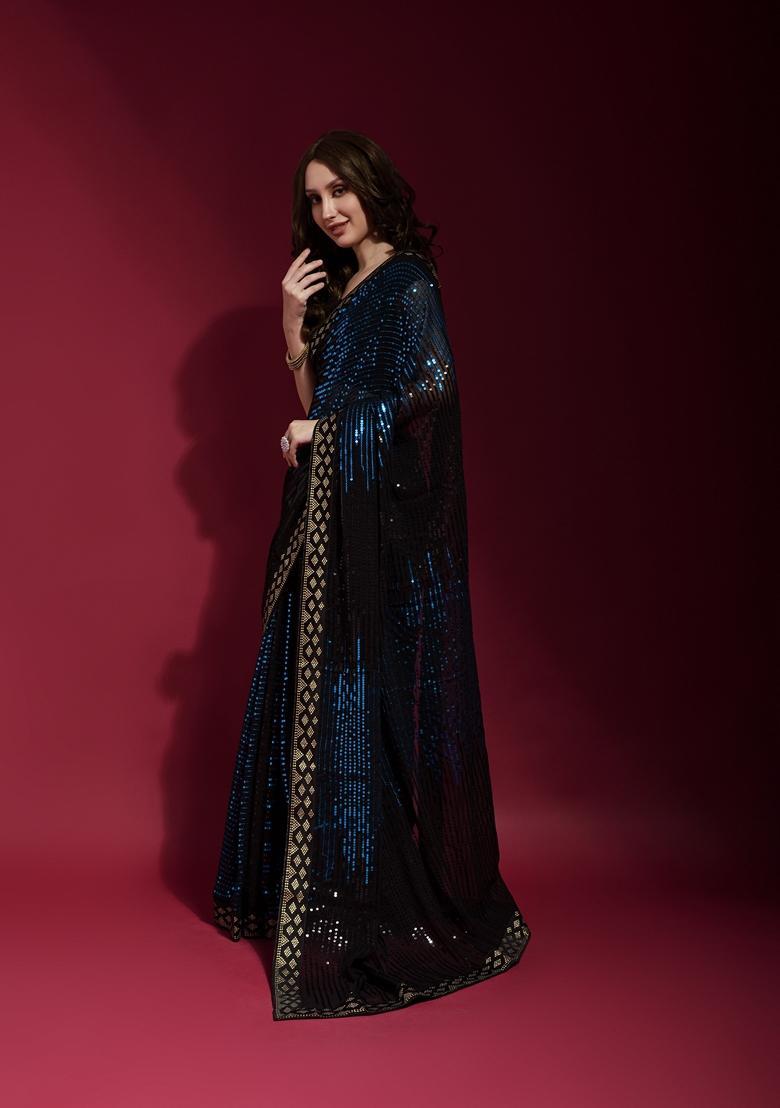 Teal Embellished Georgette Saree Set - Indya