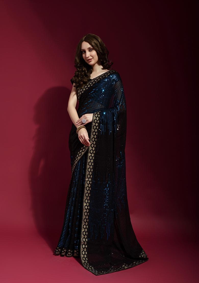 Teal Embellished Georgette Saree Set - Indya