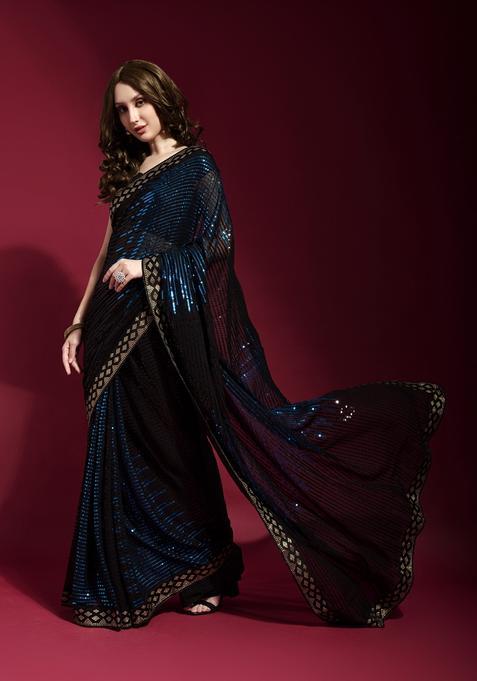 Teal Embellished Georgette Saree Set