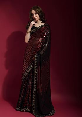 Red Embellished Georgette Saree Set