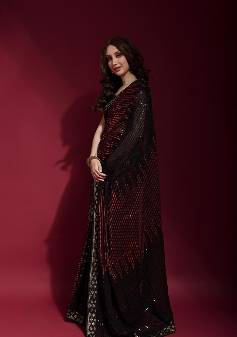 Red Embellished Georgette Saree Set - Indya