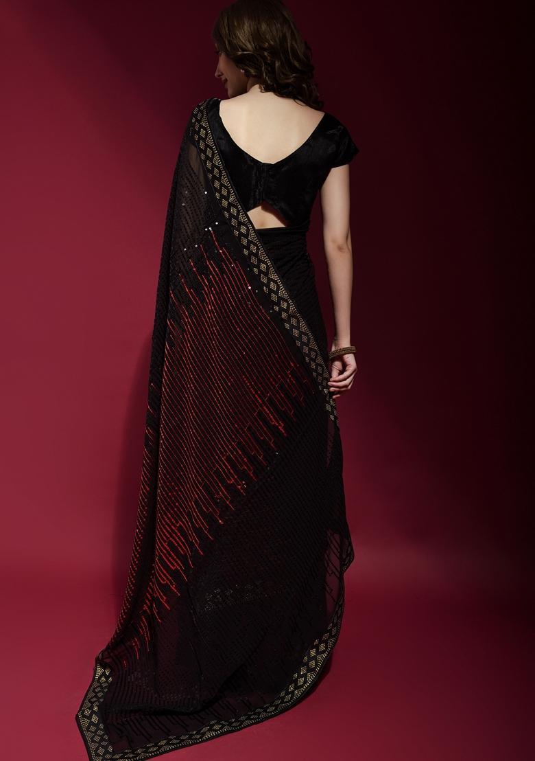 Red Embellished Georgette Saree Set - Indya