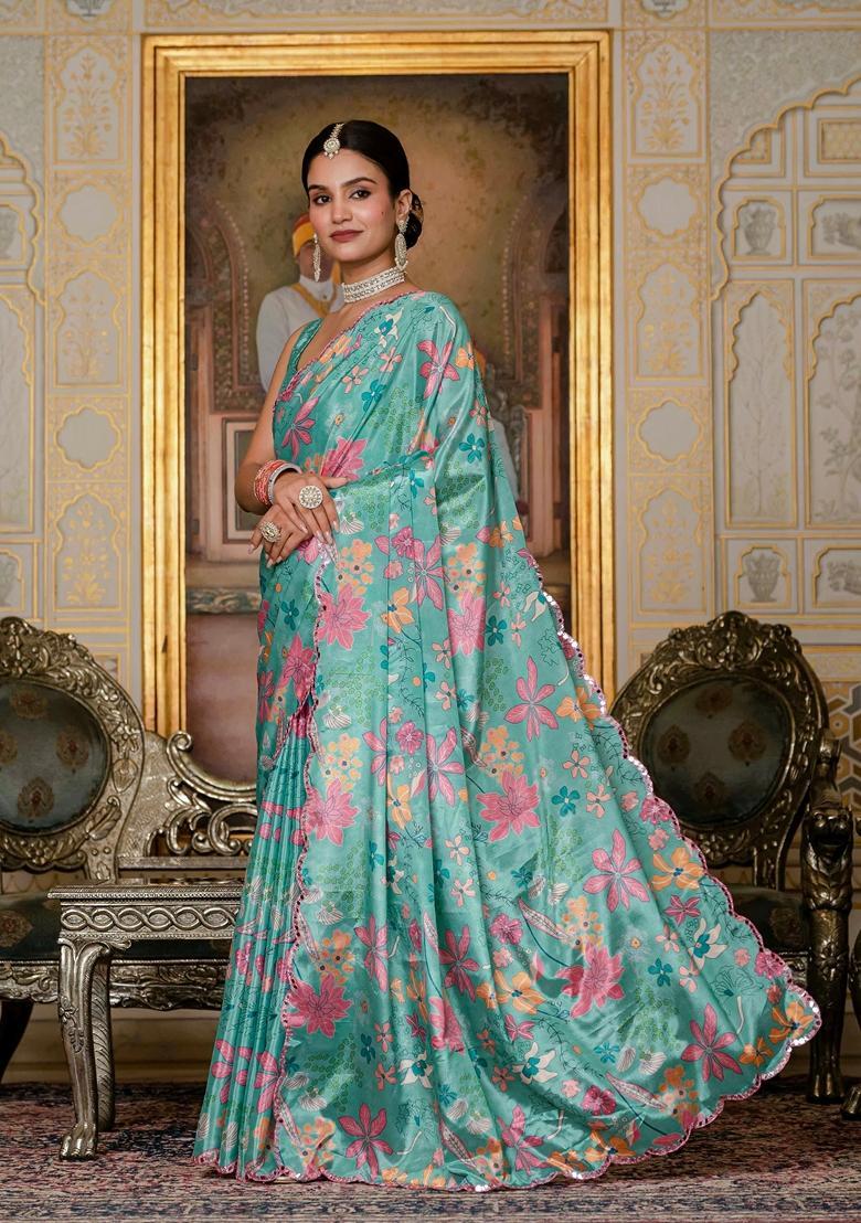 Green Embellished Chinon Saree Set - Indya