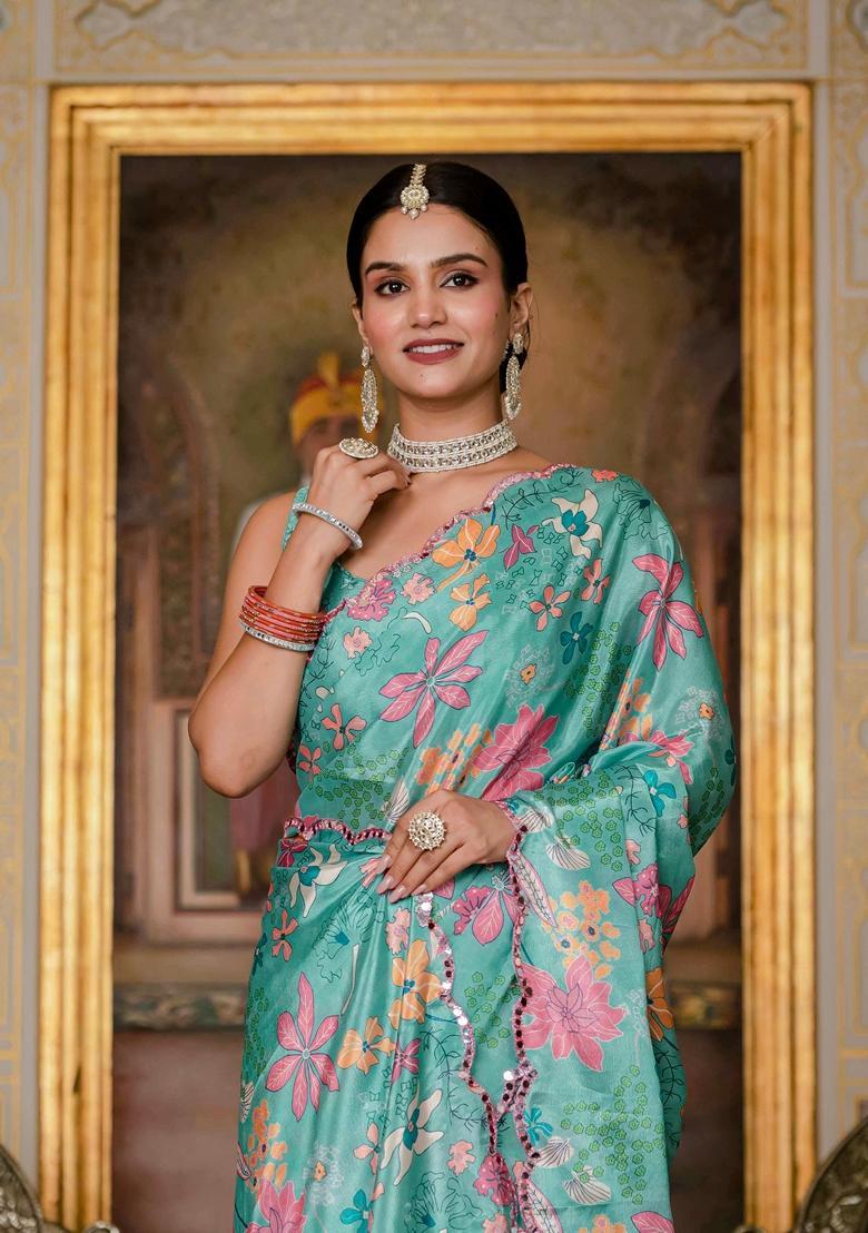 Green Embellished Chinon Saree Set - Indya