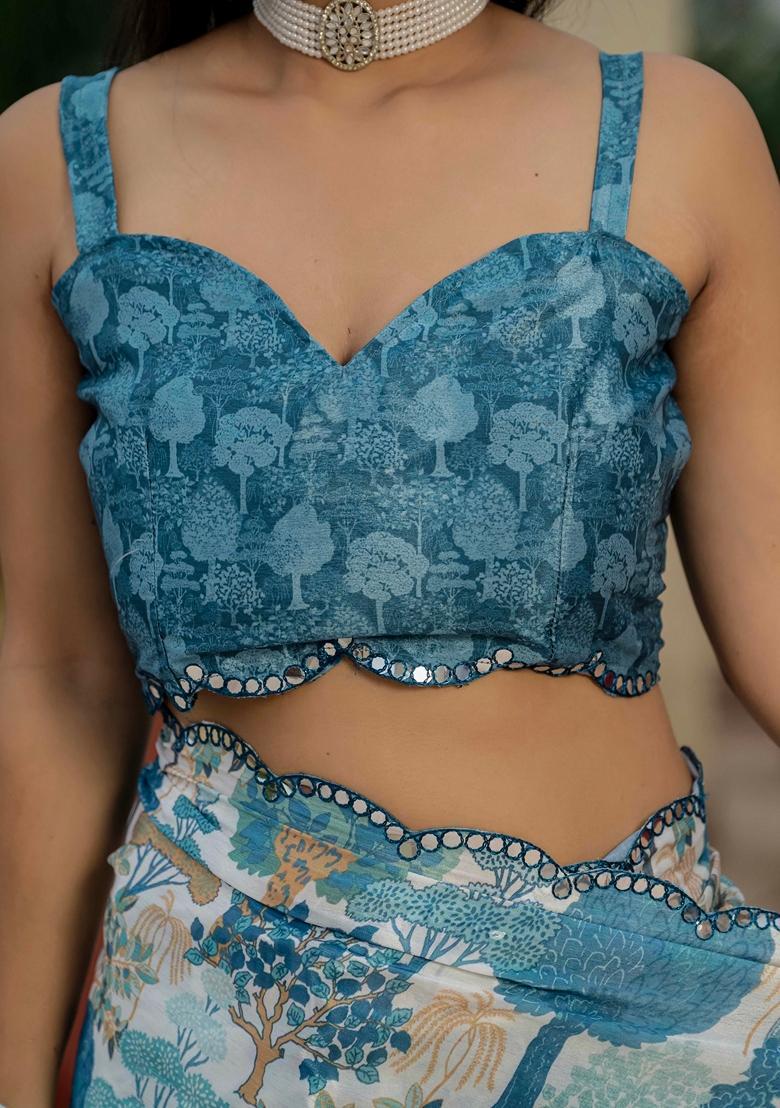 Blue Embellished Chinon Saree Set - Indya