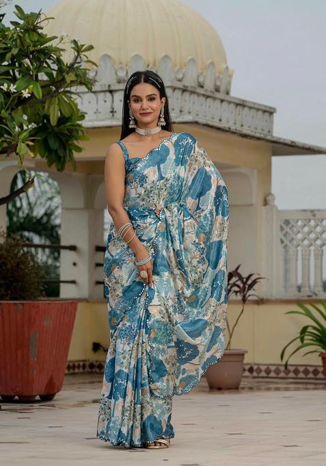 Blue Embellished Chinon Saree Set