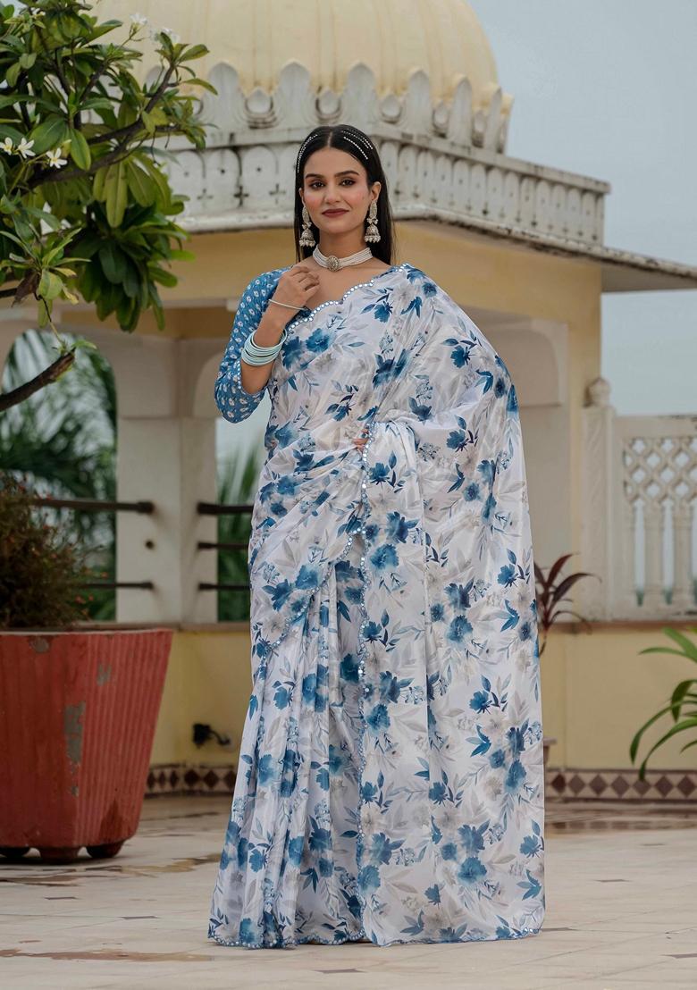 White Embellished Chinon Saree Set - Indya