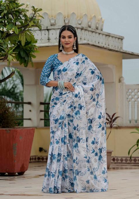 White Embellished Chinon Saree Set