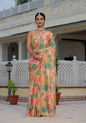 Orange Embellished Chinon Saree Set