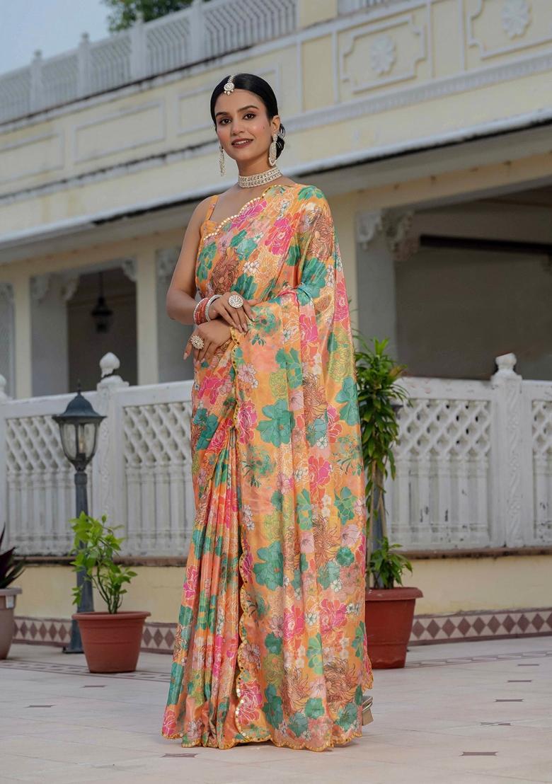 Orange Embellished Chinon Saree Set - Indya