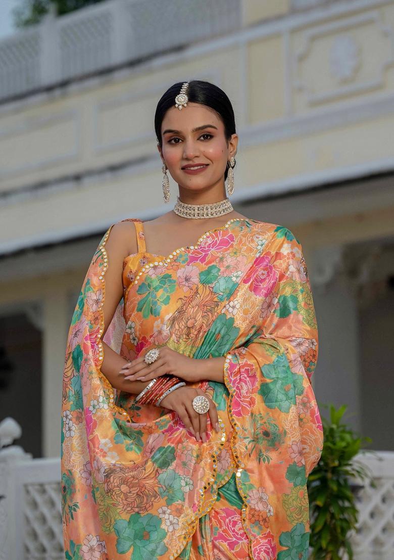 Orange Embellished Chinon Saree Set - Indya