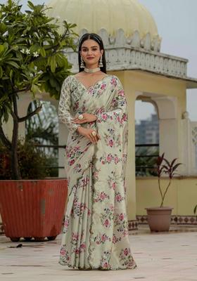 Green Embellished Chinon Saree Set