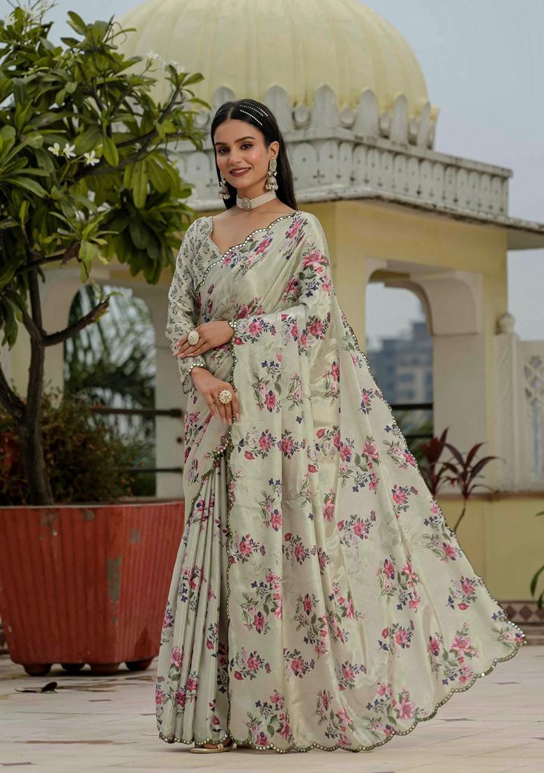 Green Embellished Chinon Saree Set - Indya