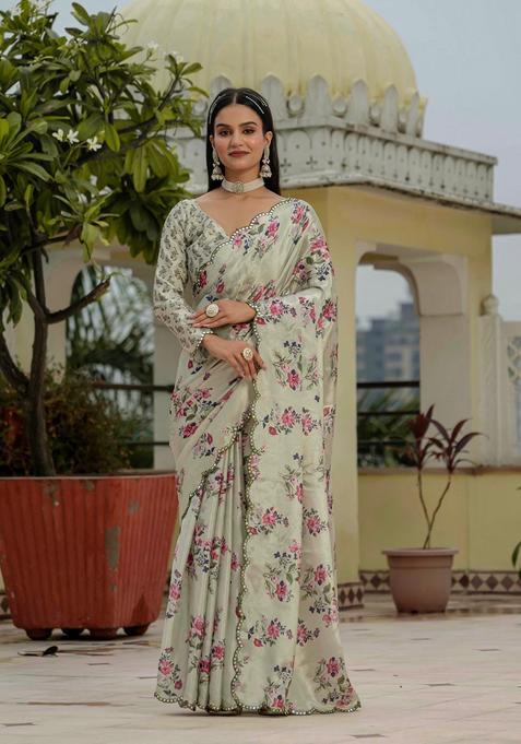 Green Embellished Chinon Saree Set