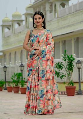 Multicolor Embellished Chinon Saree Set