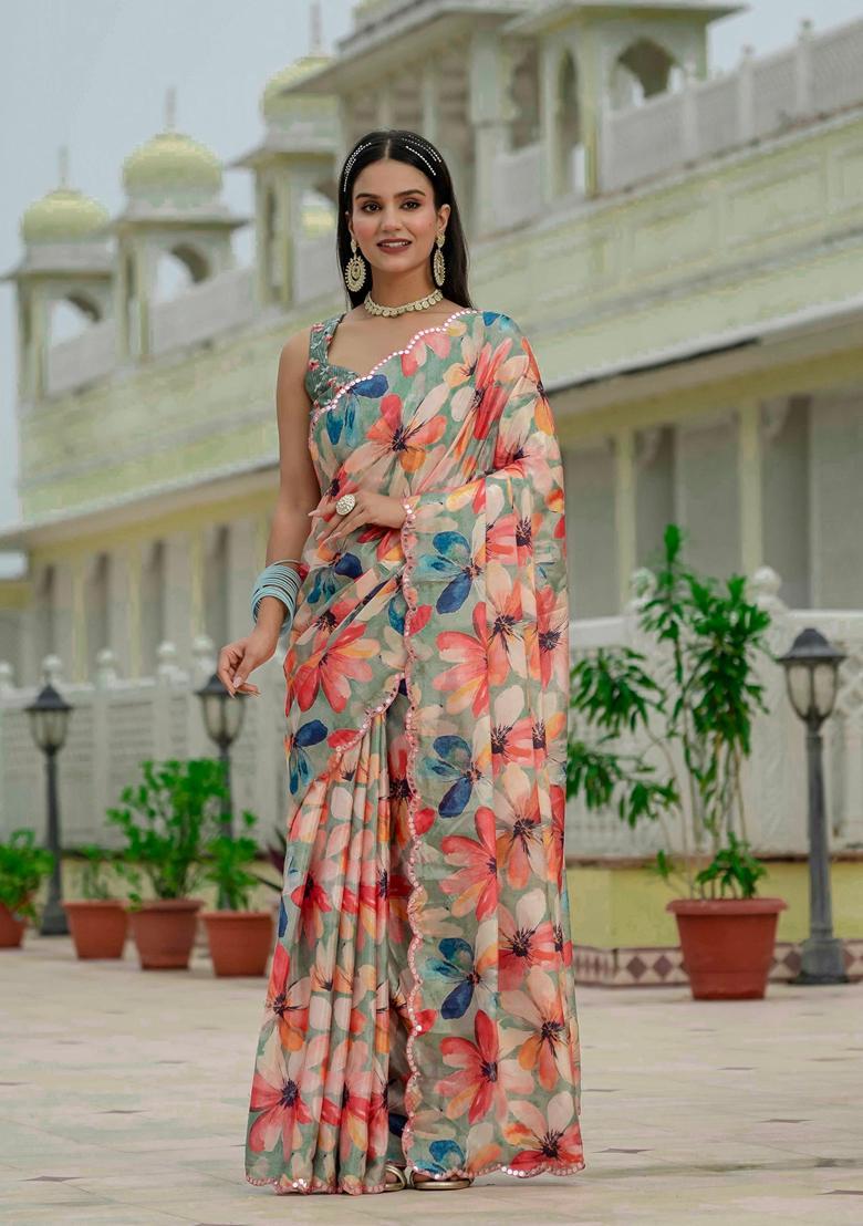 Multicolor Embellished Chinon Saree Set - Indya
