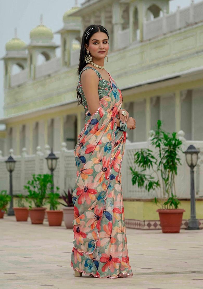 Multicolor Embellished Chinon Saree Set - Indya